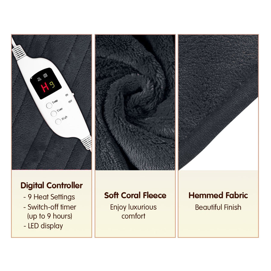 Laura Hill Electric Blanket 160x130 cm Coral Fleece, 9 Temperature Settings, Timer - SuperSaverAU - view 1