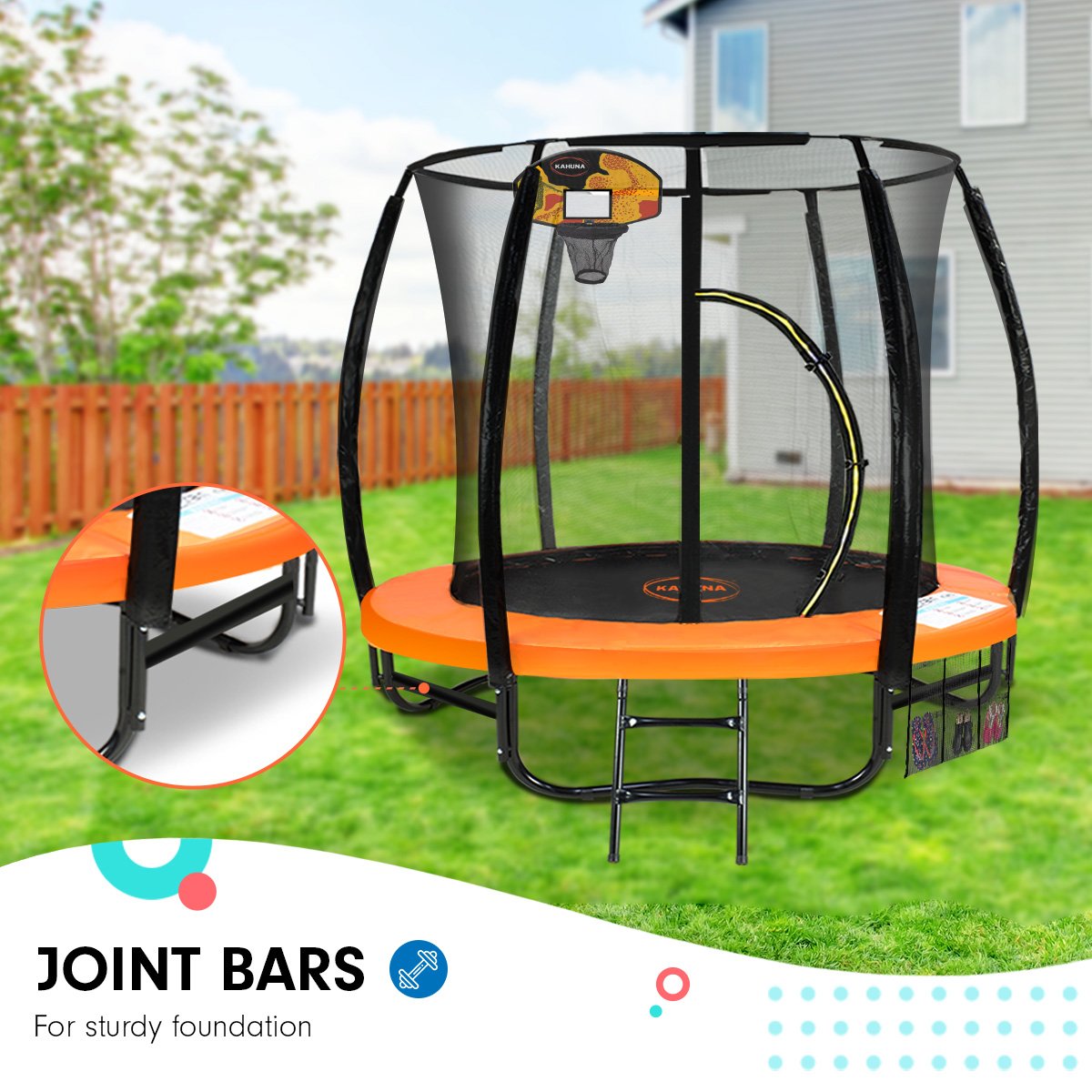 Kahuna 8ft Outdoor Orange Trampoline For Kids And Children Suited For Fitness Exercise Gymnastics With Safety Enclosure Basketball Hoop Set - SuperSaverAU - view 2