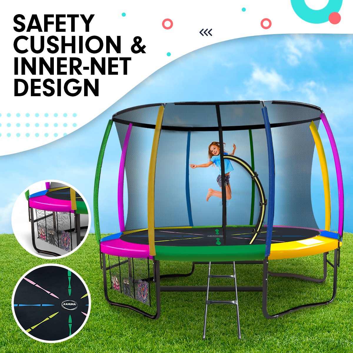 Kahuna 8ft Outdoor Rainbow Trampoline For Kids And Children Suited For Fitness Exercise Gymnastics With Safety Enclosure - SuperSaverAU - view 4