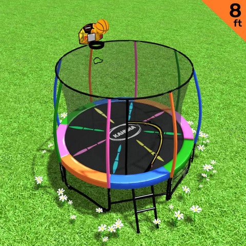 Kahuna 8ft Outdoor Trampoline Kids Children With Safety Enclosure Mat Pad Net Ladder Basketball Hoop Set - Rainbow - SuperSaverAU - view 2