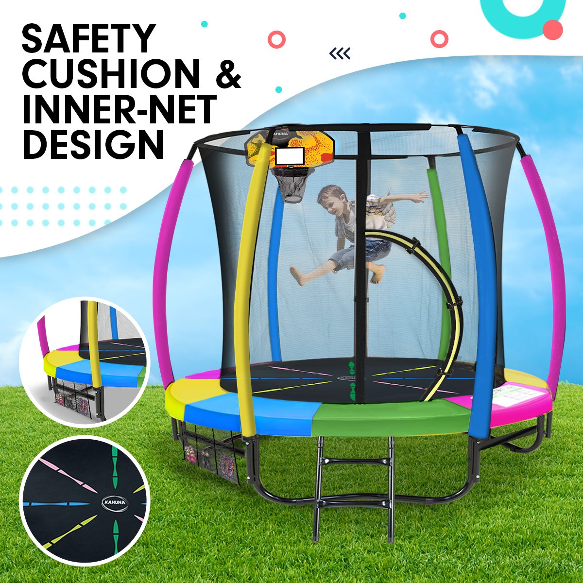 Kahuna 8ft Outdoor Trampoline Kids Children With Safety Enclosure Mat Pad Net Ladder Basketball Hoop Set - Rainbow - SuperSaverAU - view 5