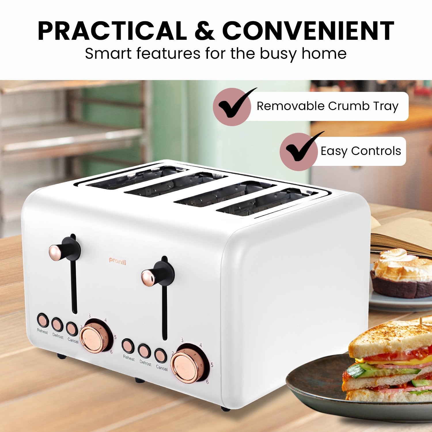 Pronti 4-Slice Toaster with Rose Gold Trim, 6 Toast Settings, Stainless Steel - SuperSaverAU - view 6