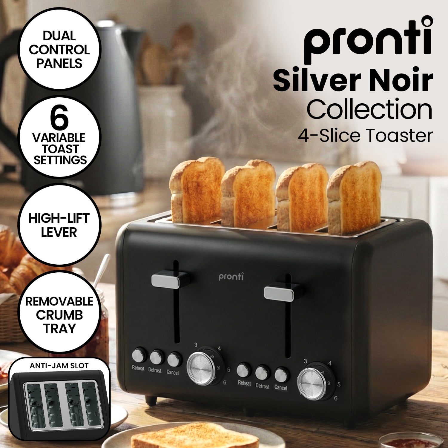 Pronti Silver Noir 4 Slice Toaster with Dual Controls