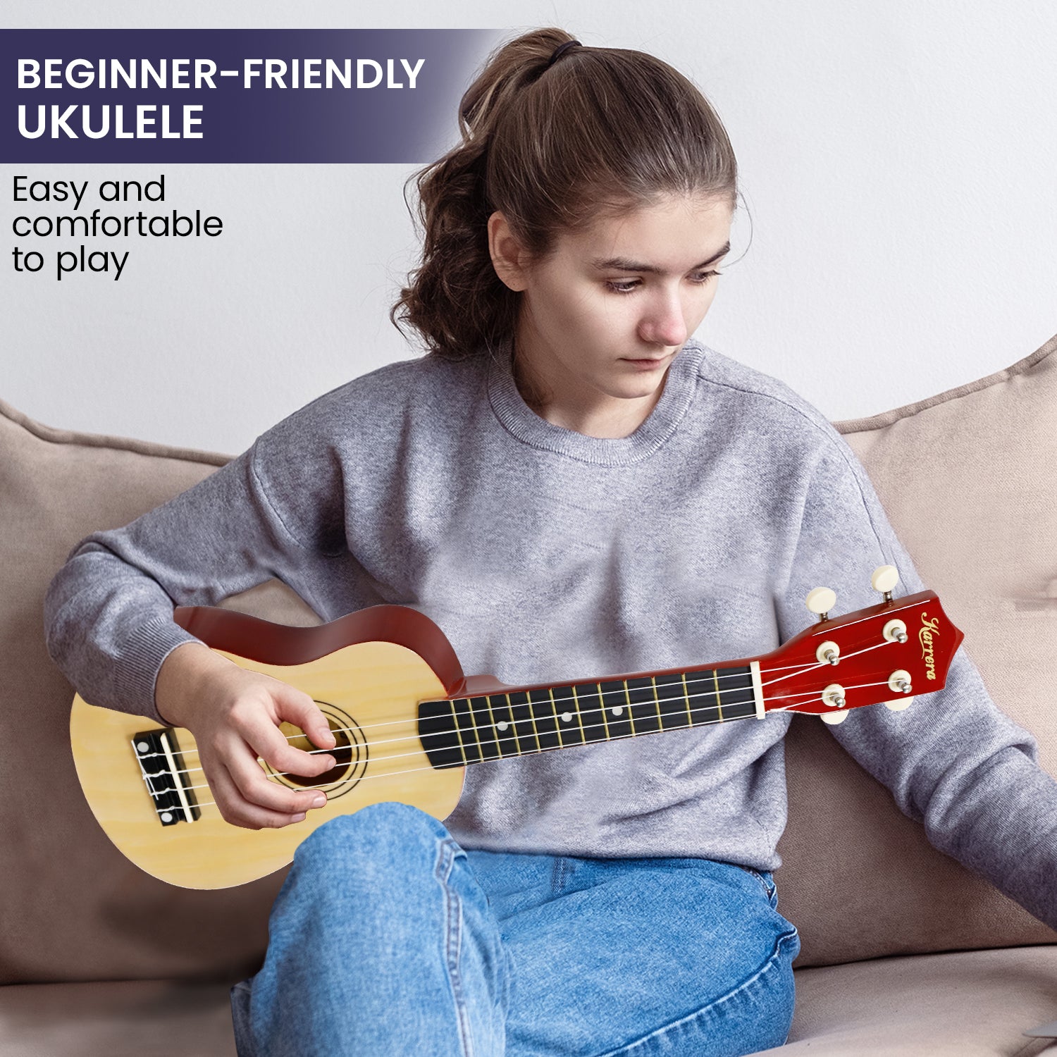 Karrera 21 Inch Natural Wooden Ukulele with Nylon Strings and Geared Tuners