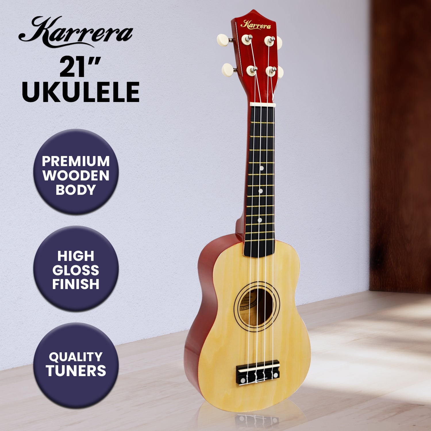Karrera 21 Inch Natural Wooden Ukulele with Nylon Strings and Geared Tuners