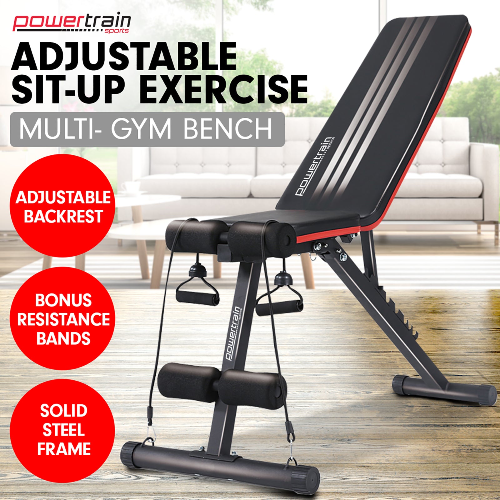 Powertrain Adjustable Incline Decline Exercise Bench Resistance Bands - SuperSaverAU - view 2