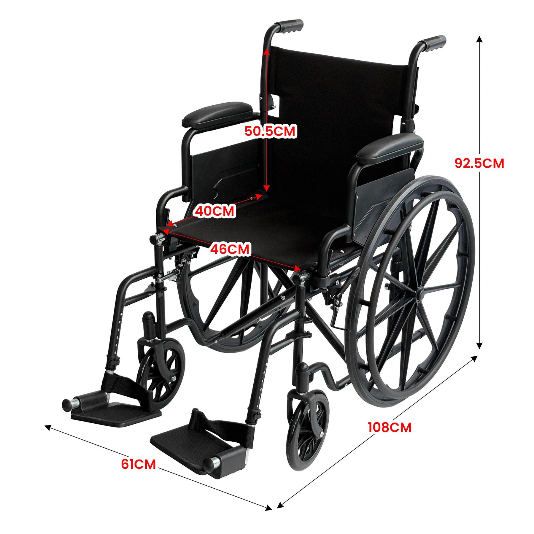 Orthonica Black 24-Inch Foldable Steel Wheelchair with Brakes and Adjustable Footrests