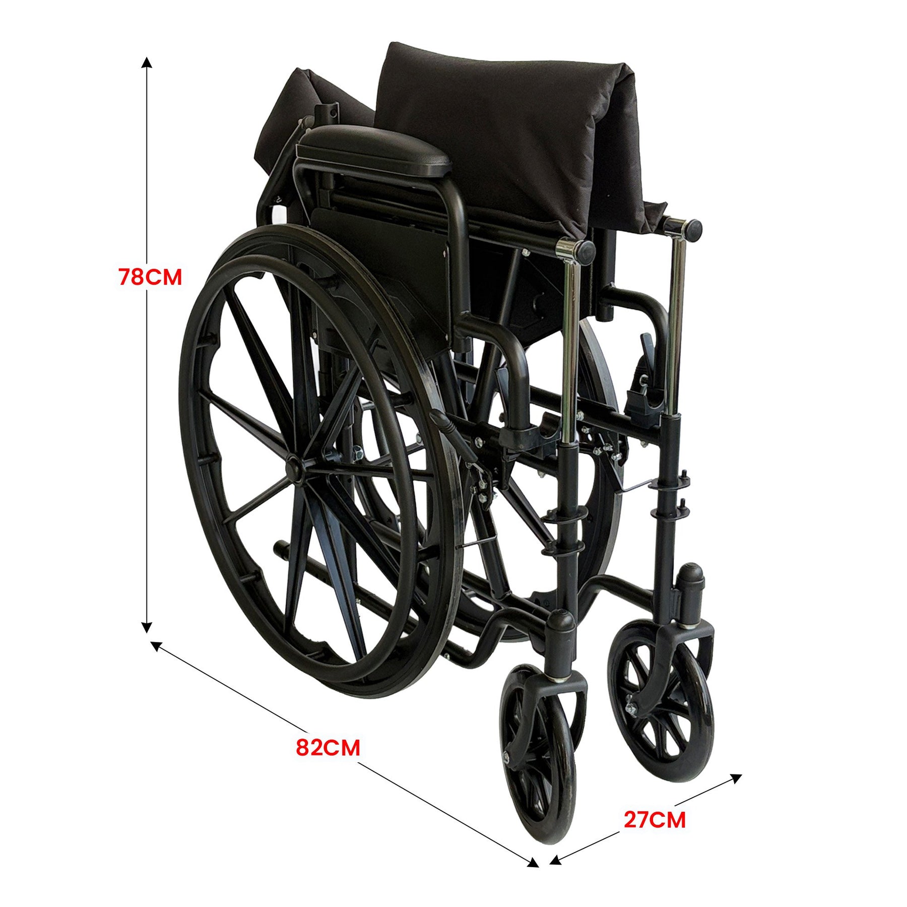 Orthonica Black 24-Inch Foldable Steel Wheelchair with Brakes and Adjustable Footrests