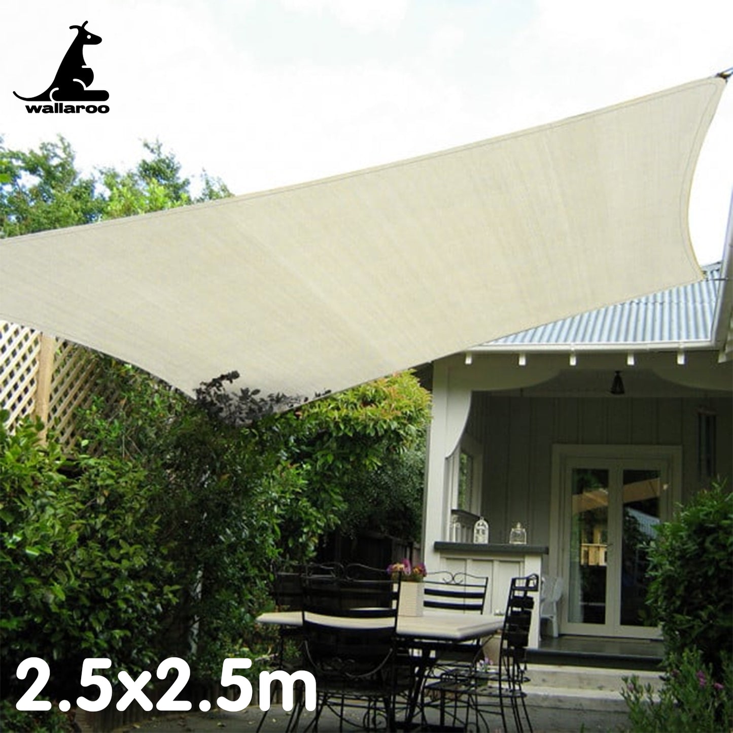Wallaroo Waterproof Shade Sail 2.5x2.5M - UV Blocking, Easy Install, Cream