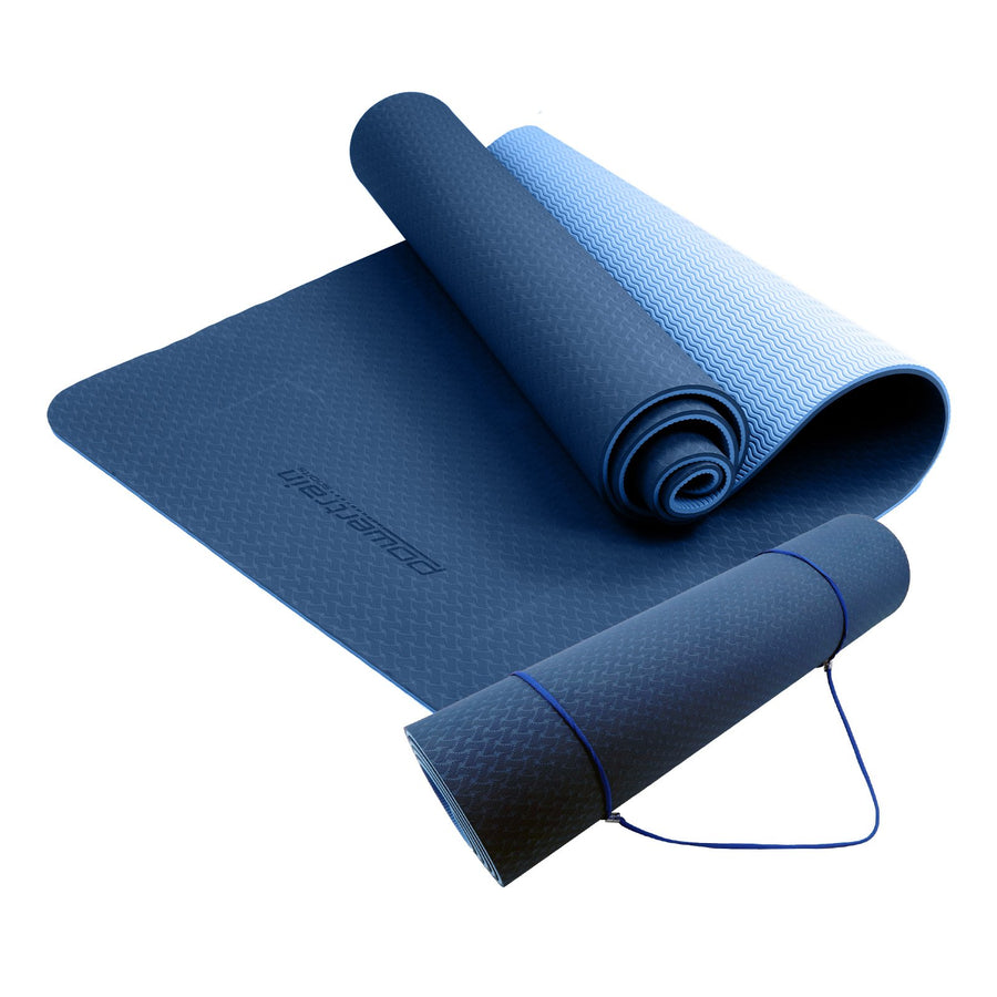 Powertrain Dual Layer TPE Yoga Mat with Carry Strap - Dark Blue, 8mm