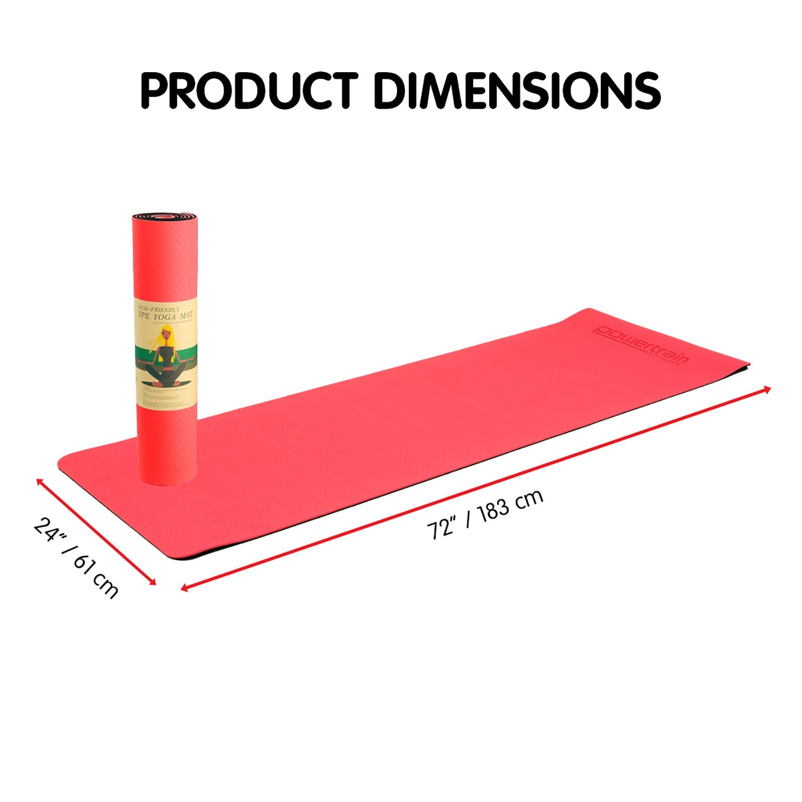Powertrain TPE Yoga Mat 183cm x 61cm - 8mm Thick, Non-Slip, Red - SuperSaverAU - view 2