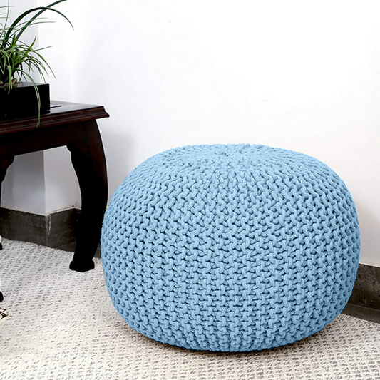 Blue Braided Cotton Pouffe Footstool - Hand Knitted