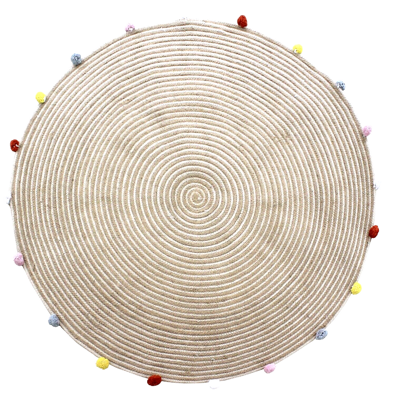 Round Woven Jute Cotton Multicolor Pompom Rug 120 cm - Bohemian Charm - SuperSaverAU - view 4