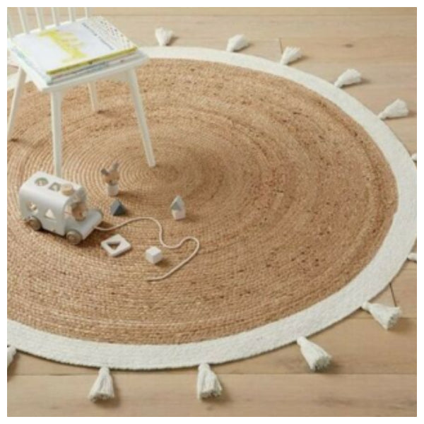 Bohemian Jute Cotton Round Rug with Tassel, 120 x 120 cm, Eco-friendly, Hand Braided - SuperSaverAU - view 1