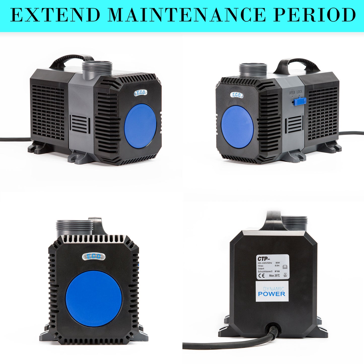 Dynamic Power 10000L/H Submersible Pond Water Pump, 80W, Quiet, Compact Design