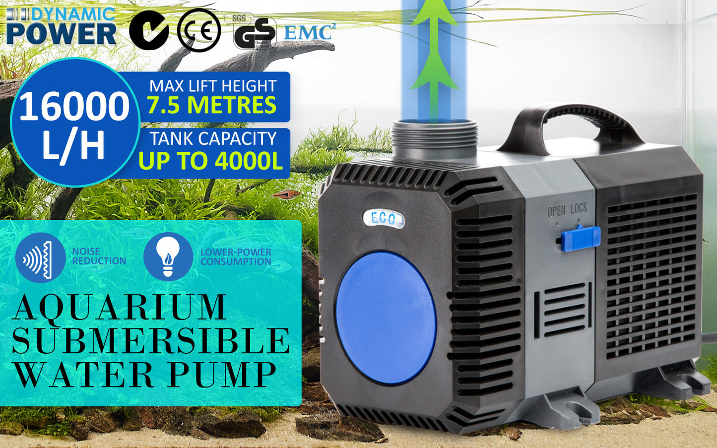 Dynamic Power 16000L/H Submersible Pond Water Pump - 140W, Quiet, Compact