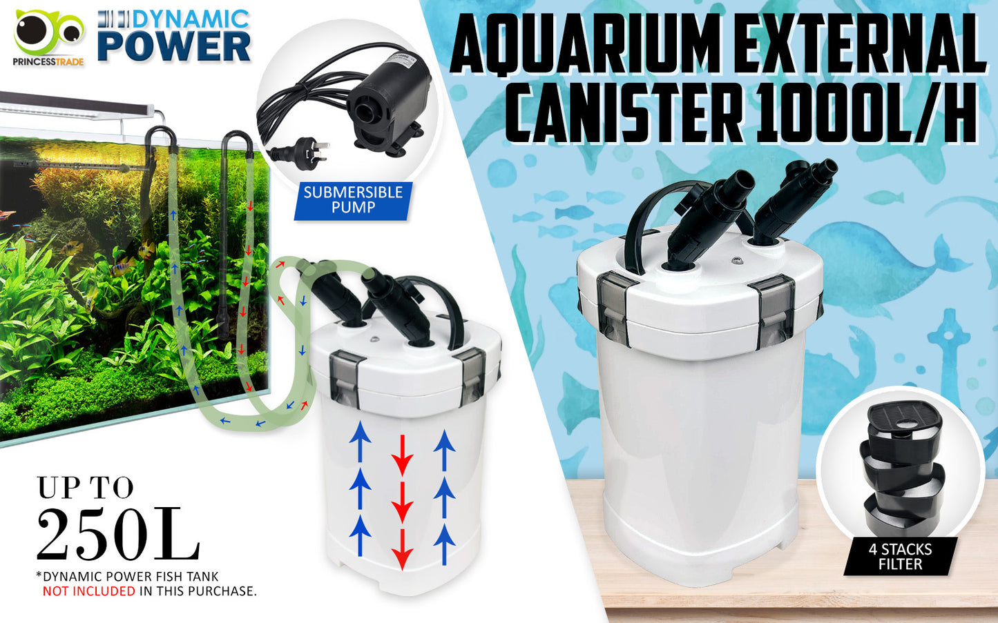 Dynamic Power 1000L/H Aquarium External Canister Filter, 14W, Easy Maintenance