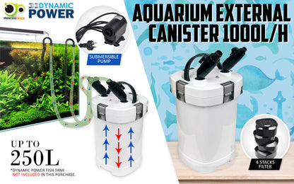 Dynamic Power 1000L/H Aquarium External Canister Filter, 14W, Easy Maintenance