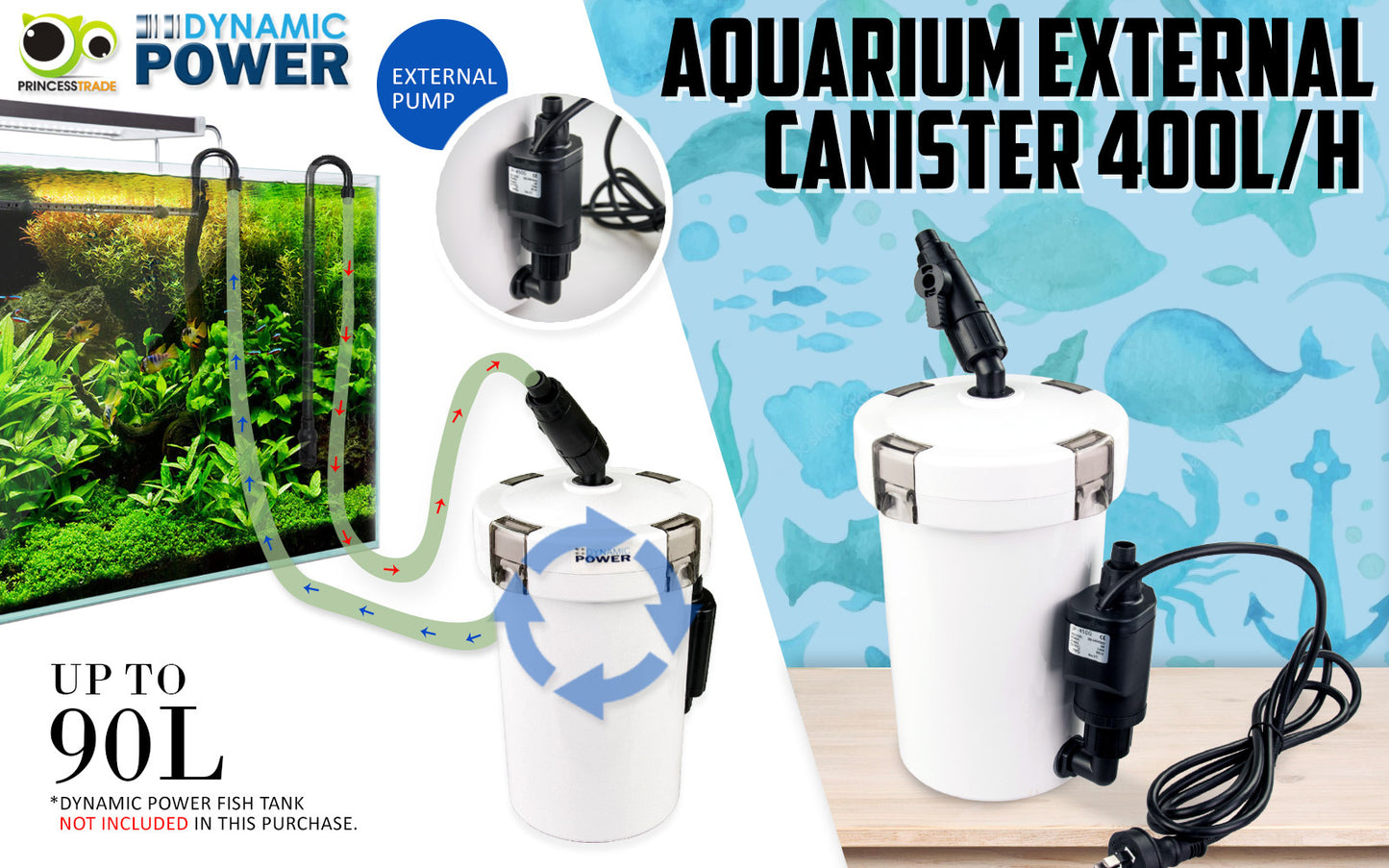 Dynamic Power 400L/H Aquarium External Canister Filter, 90L Capacity, 6W Energy Efficient
