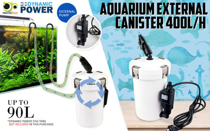 Dynamic Power 400L/H Aquarium External Canister Filter, 90L Capacity, 6W Energy Efficient
