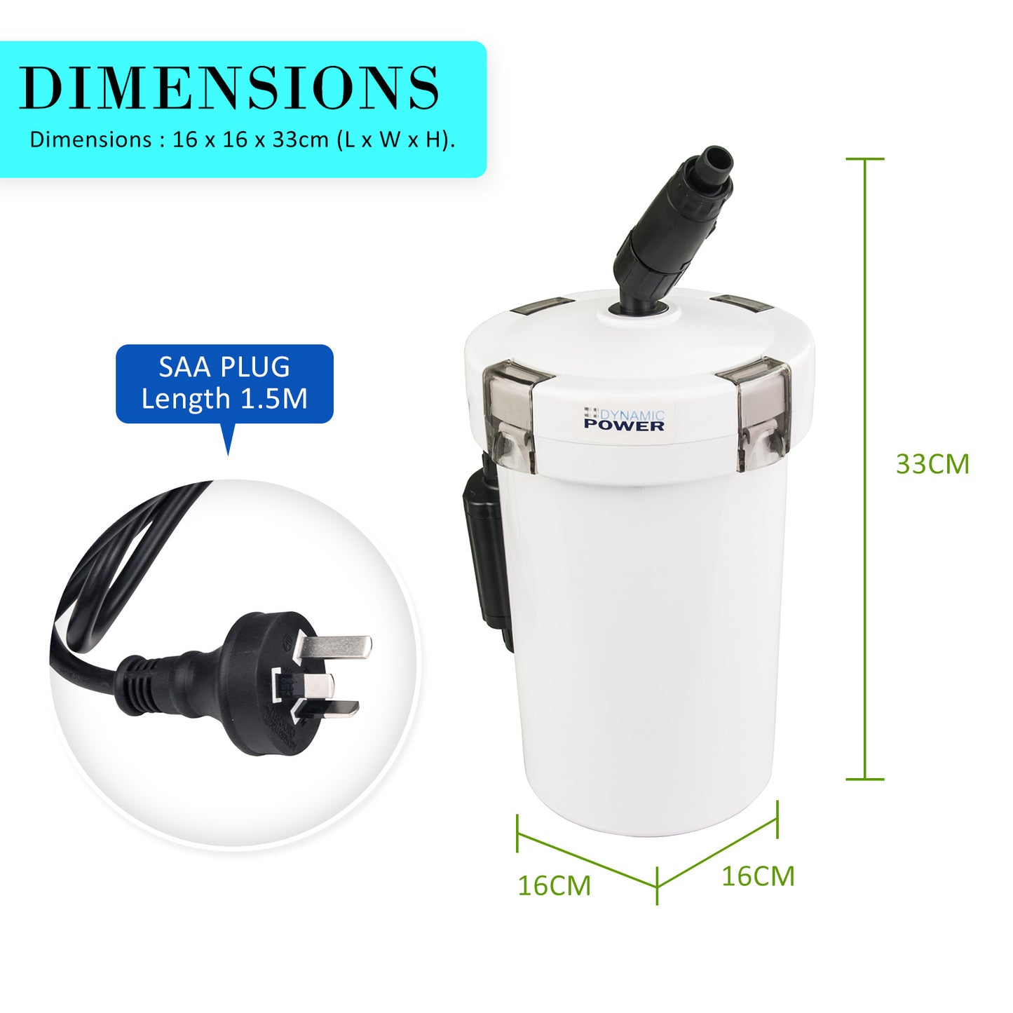 Dynamic Power 400L/H Aquarium External Canister Filter, 90L Capacity, 6W Energy Efficient