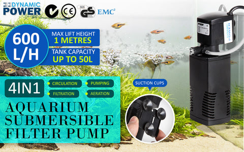 Dynamic Power 3-in-1 Aquarium Submersible Filter Pump 600L/H 8W