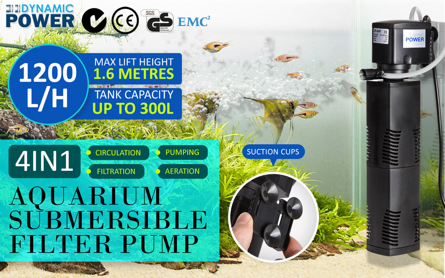 Dynamic Power 1200L/H Aquarium Submersible Filter 22W 1.6m - 3-in-1 Pump