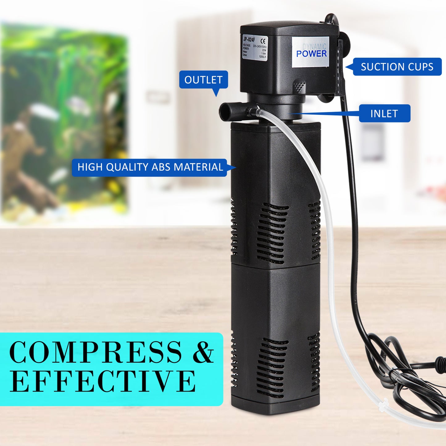 Dynamic Power 1200L/H Aquarium Submersible Filter 22W 1.6m - 3-in-1 Pump