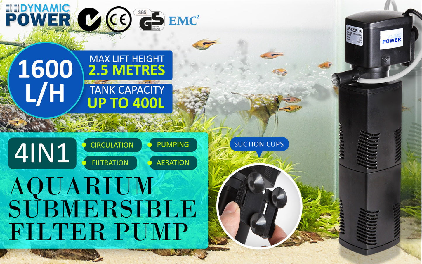 Dynamic Power 1600L/H Submersible Aquarium Filter 35W, 2.5m, 3-in-1 Pump