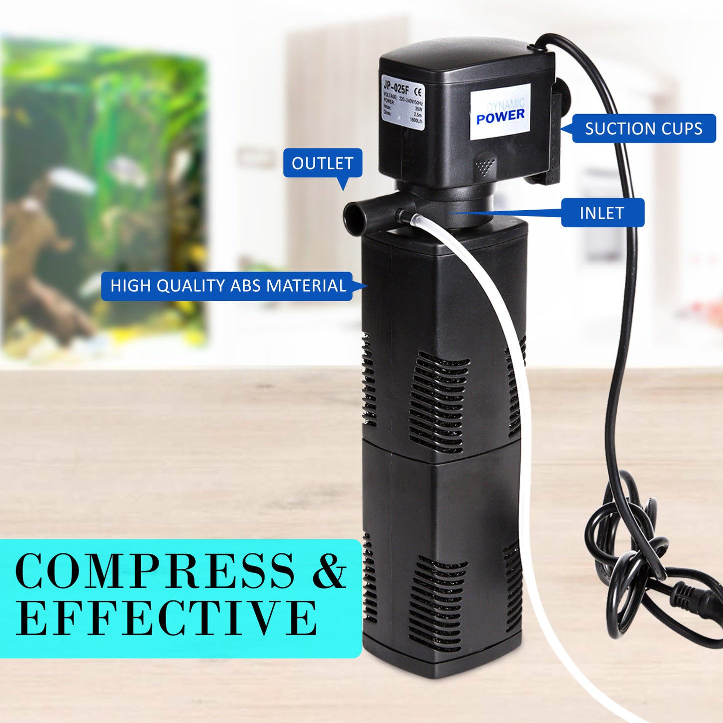 Dynamic Power 1600L/H Submersible Aquarium Filter 35W, 2.5m, 3-in-1 Pump
