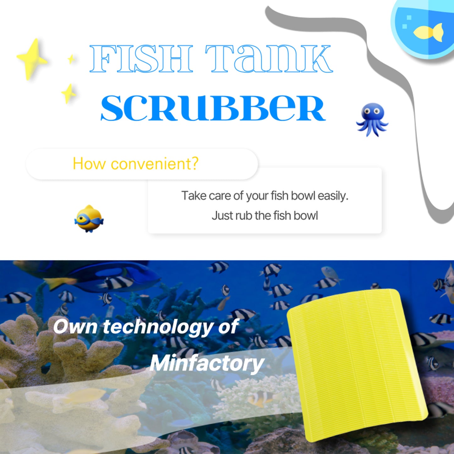 Minfactory 4X Fish Tank Moss Scrubber, 11.5cm x 8.5cm, Reusable Algae Cleaner