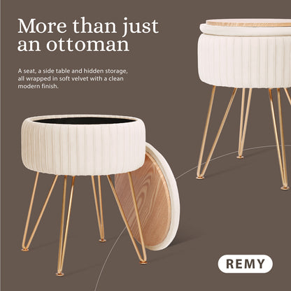 La Bella REMY Velvet Storage Ottoman - Cream Beige