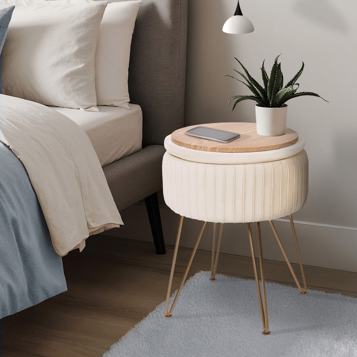 La Bella REMY Velvet Storage Ottoman - Cream Beige