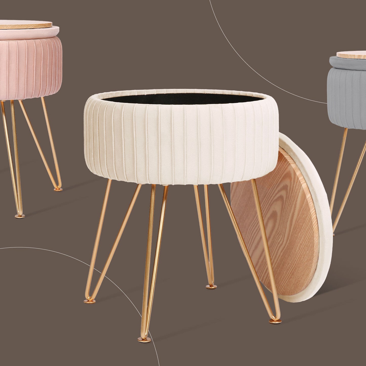 La Bella REMY Velvet Storage Ottoman - Cream Beige