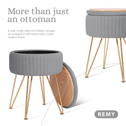 La Bella REMY Velvet Storage Ottoman - Grey