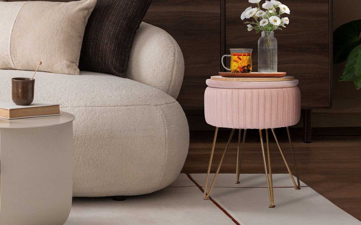 La Bella Velvet Storage Ottoman - Padded Stool in Pink