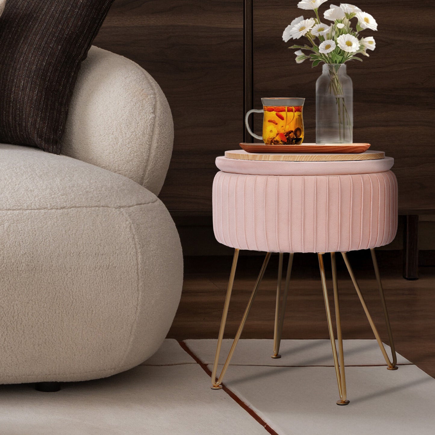 La Bella Velvet Storage Ottoman - Padded Stool in Pink