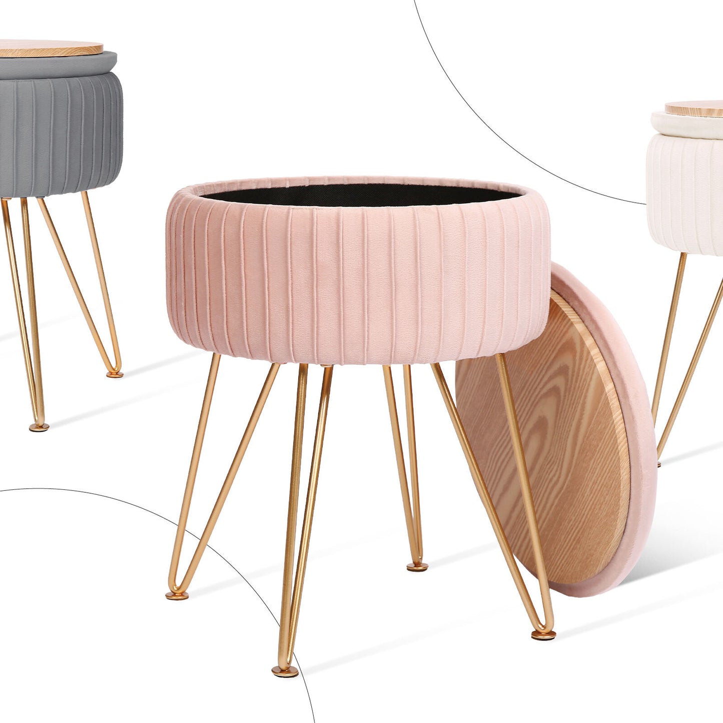 La Bella Velvet Storage Ottoman - Padded Stool in Pink