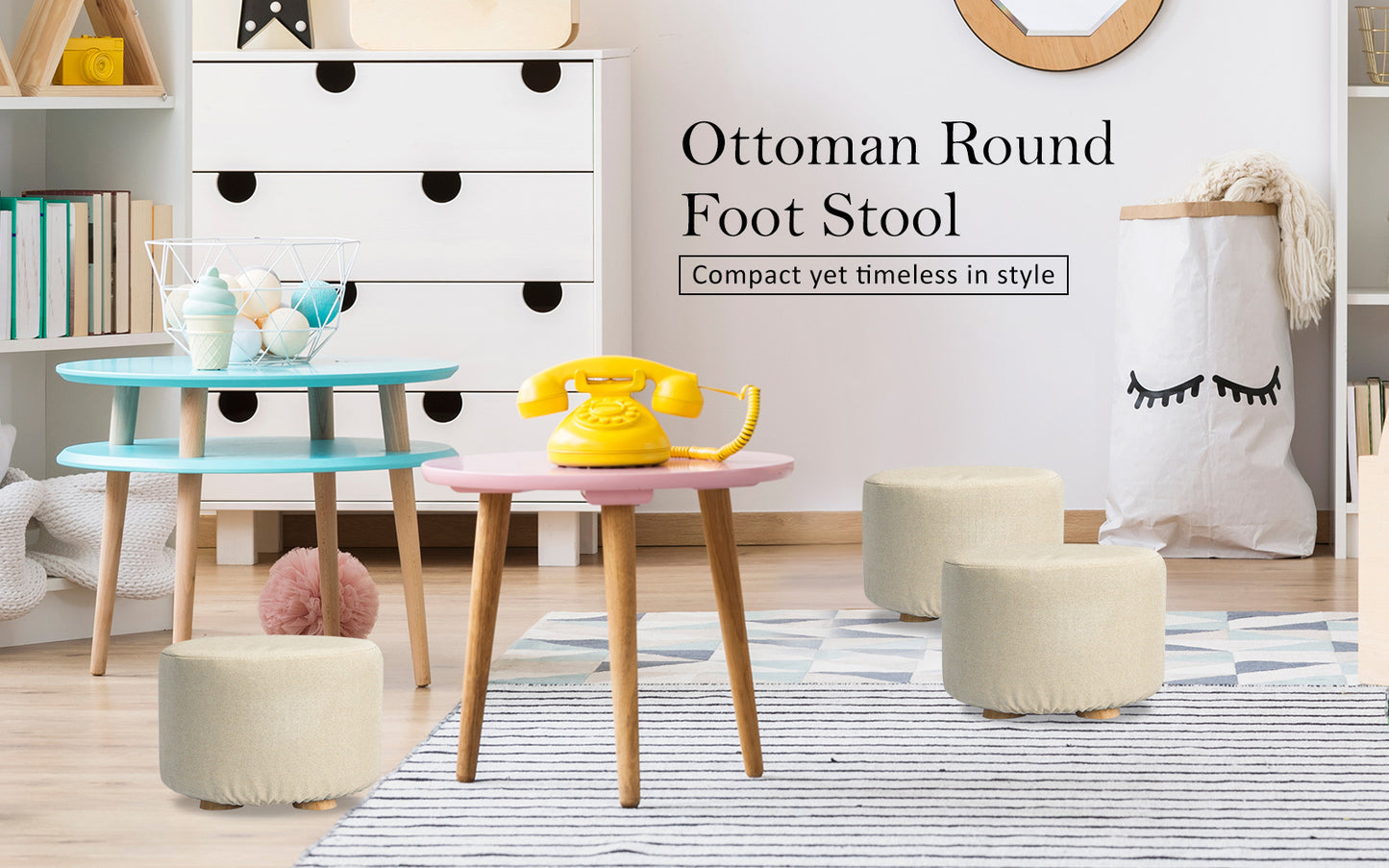 La Bella Round Fabric Ottoman with Wooden Legs - Beige