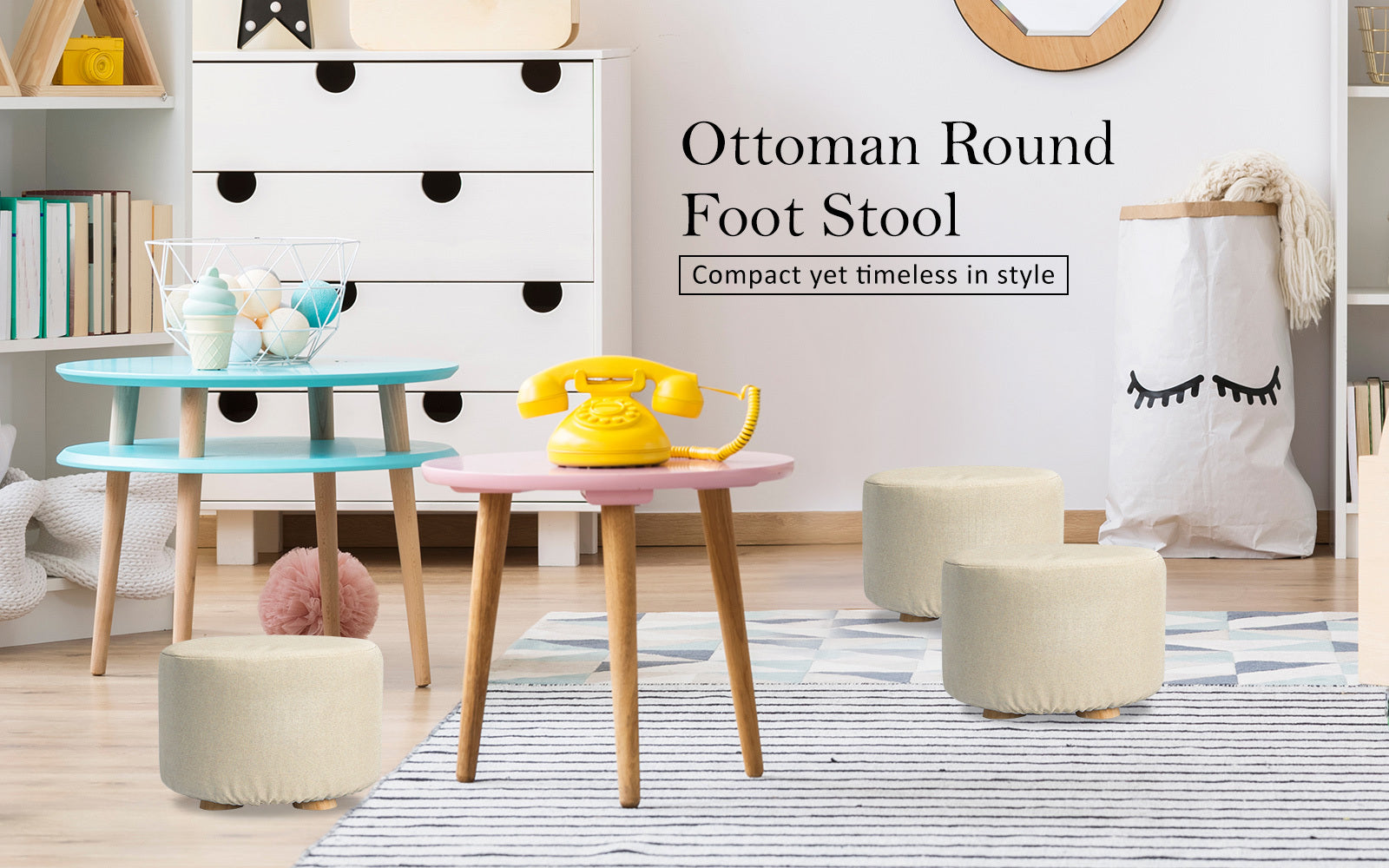 La Bella Round Fabric Ottoman with Wooden Legs - Beige - SuperSaverAU - view 2