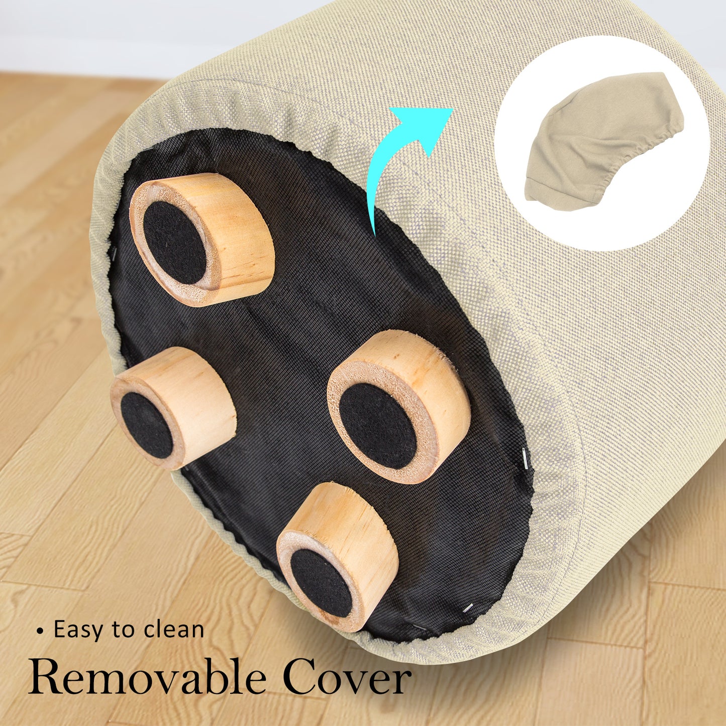 La Bella Round Fabric Ottoman with Wooden Legs - Beige