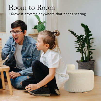 La Bella Round Fabric Ottoman with Wooden Legs - Beige