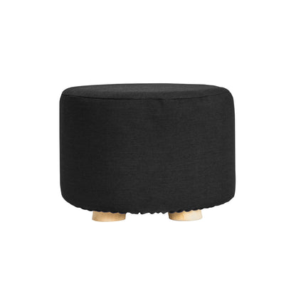 La Bella Ottoman Round Foot Stool with Wood Leg & Faux Linen Fabric - Black