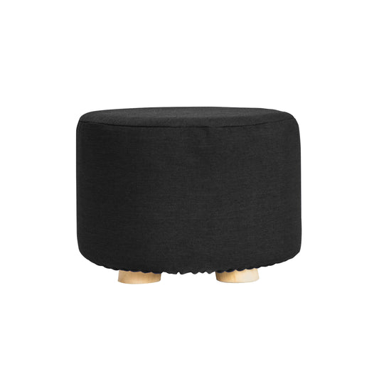 La Bella Ottoman Round Foot Stool with Wood Leg & Faux Linen Fabric - Black