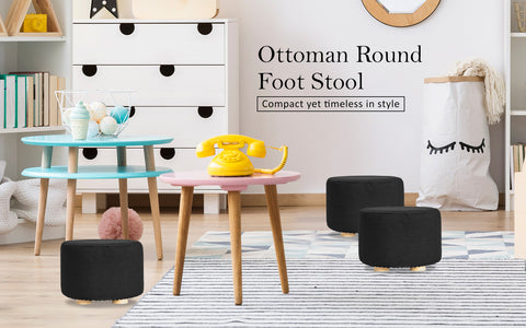 La Bella Ottoman Round Foot Stool with Wood Leg & Faux Linen Fabric - Black - SuperSaverAU - view 2