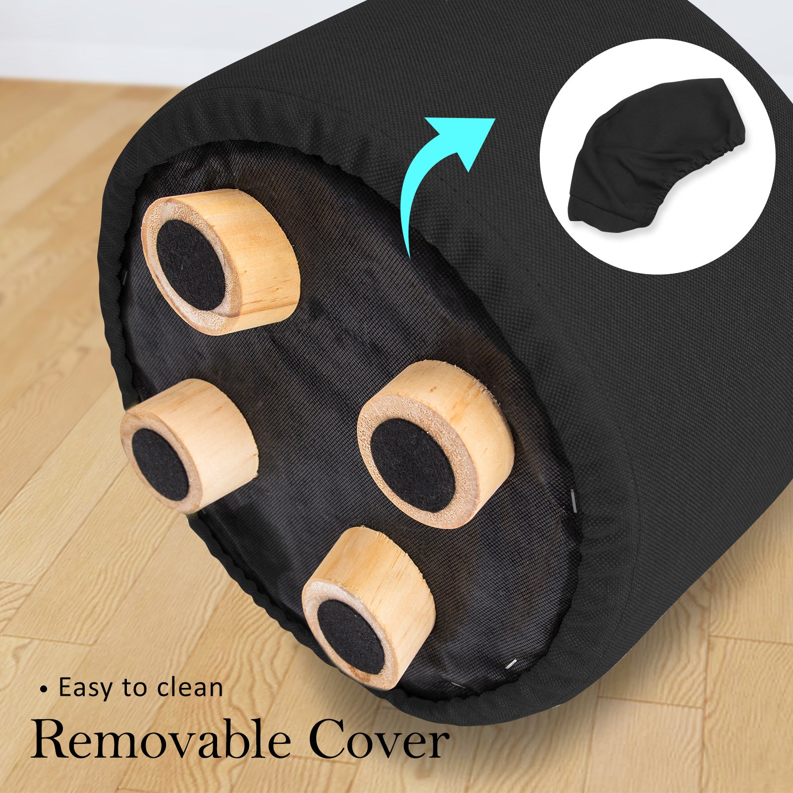 La Bella Ottoman Round Foot Stool with Wood Leg & Faux Linen Fabric - Black - SuperSaverAU - view 6