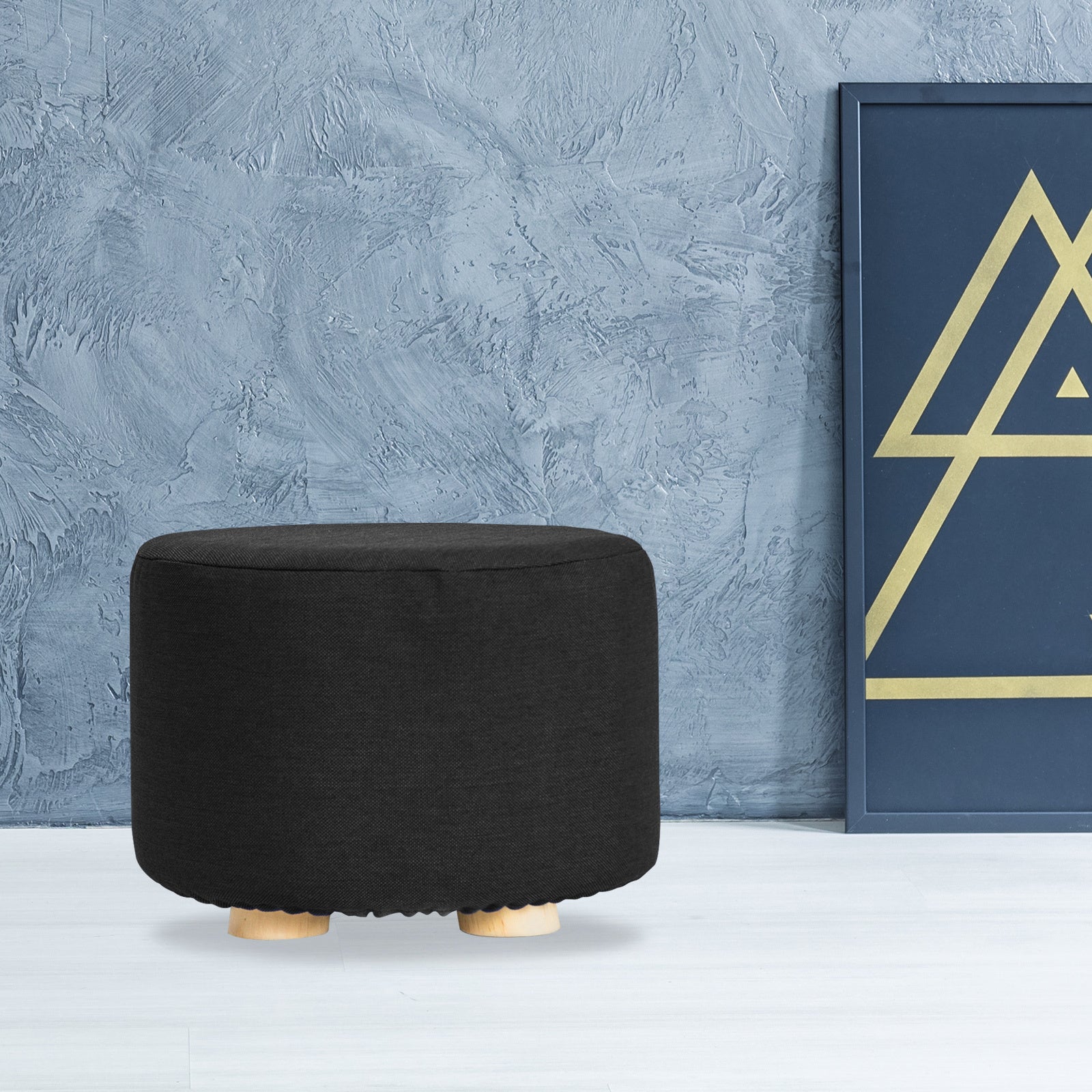 La Bella Ottoman Round Foot Stool with Wood Leg & Faux Linen Fabric - Black - SuperSaverAU - view 11