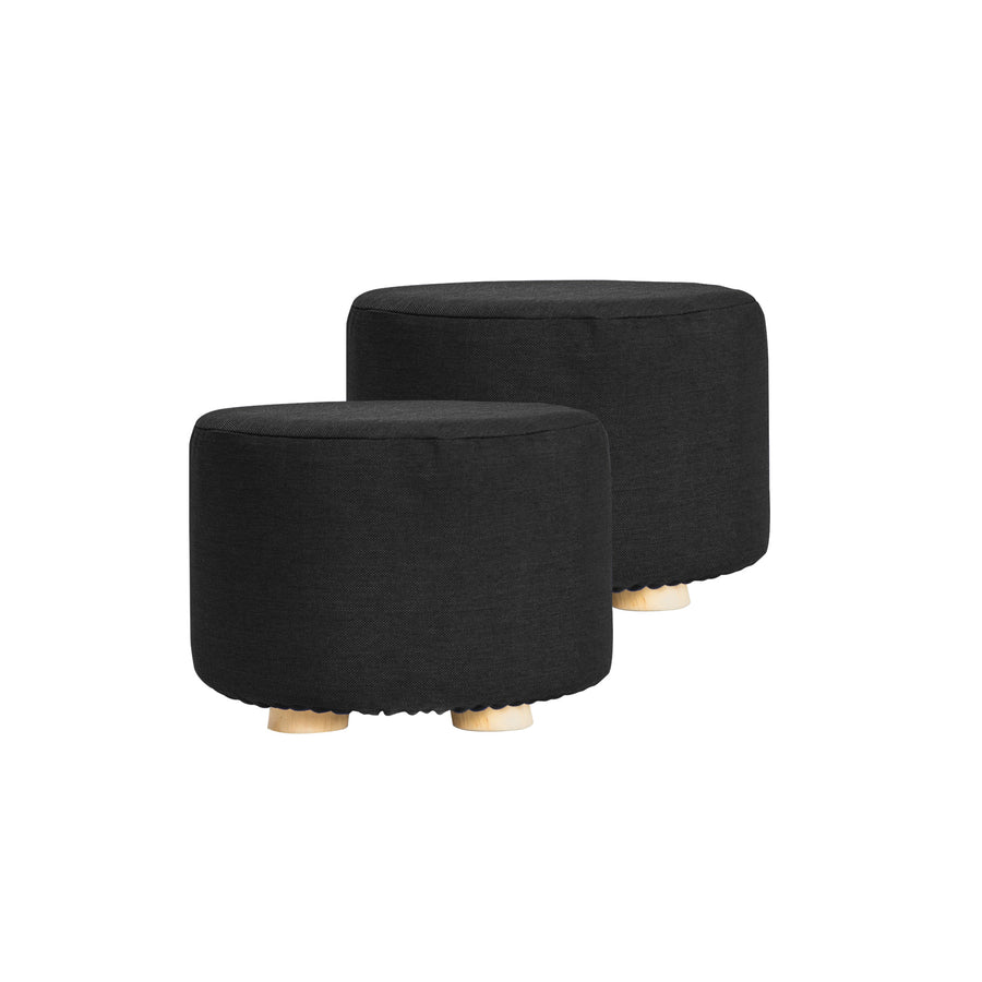 La Bella 2-Set Ottoman Round Foot Stool with Wooden Legs & Faux Linen Fabric - Black - SuperSaverAU - view 1