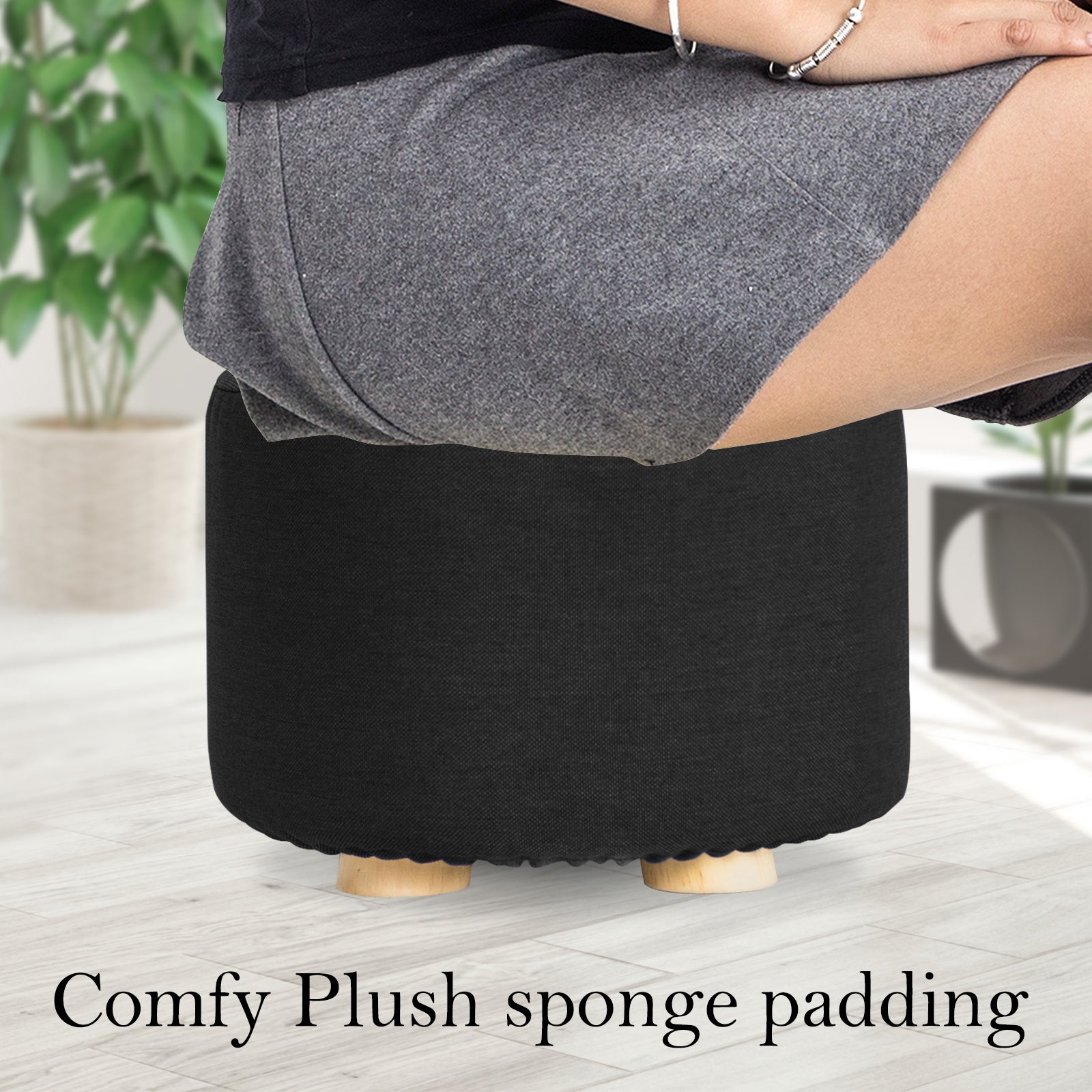 La Bella 2-Set Ottoman Round Foot Stool with Wooden Legs & Faux Linen Fabric - Black - SuperSaverAU - view 5