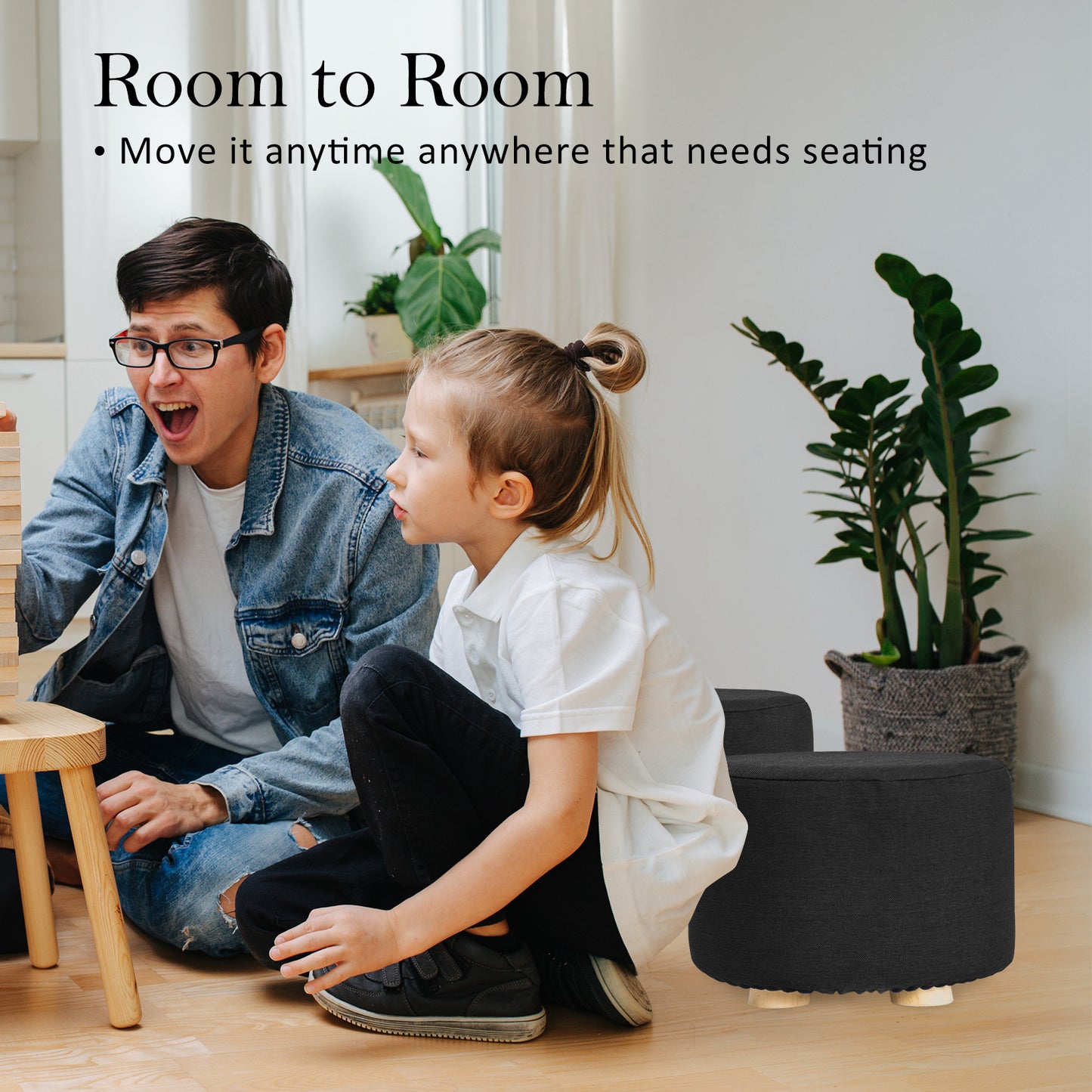 La Bella 2-Set Ottoman Round Foot Stool with Wooden Legs & Faux Linen Fabric - Black